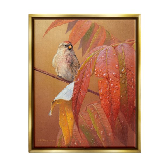 Stupell Industries Bird on Autumnal Branch Animals & Insects Painting Gold Floater Framed Canvas Art Print Wall Art, 17 x 21