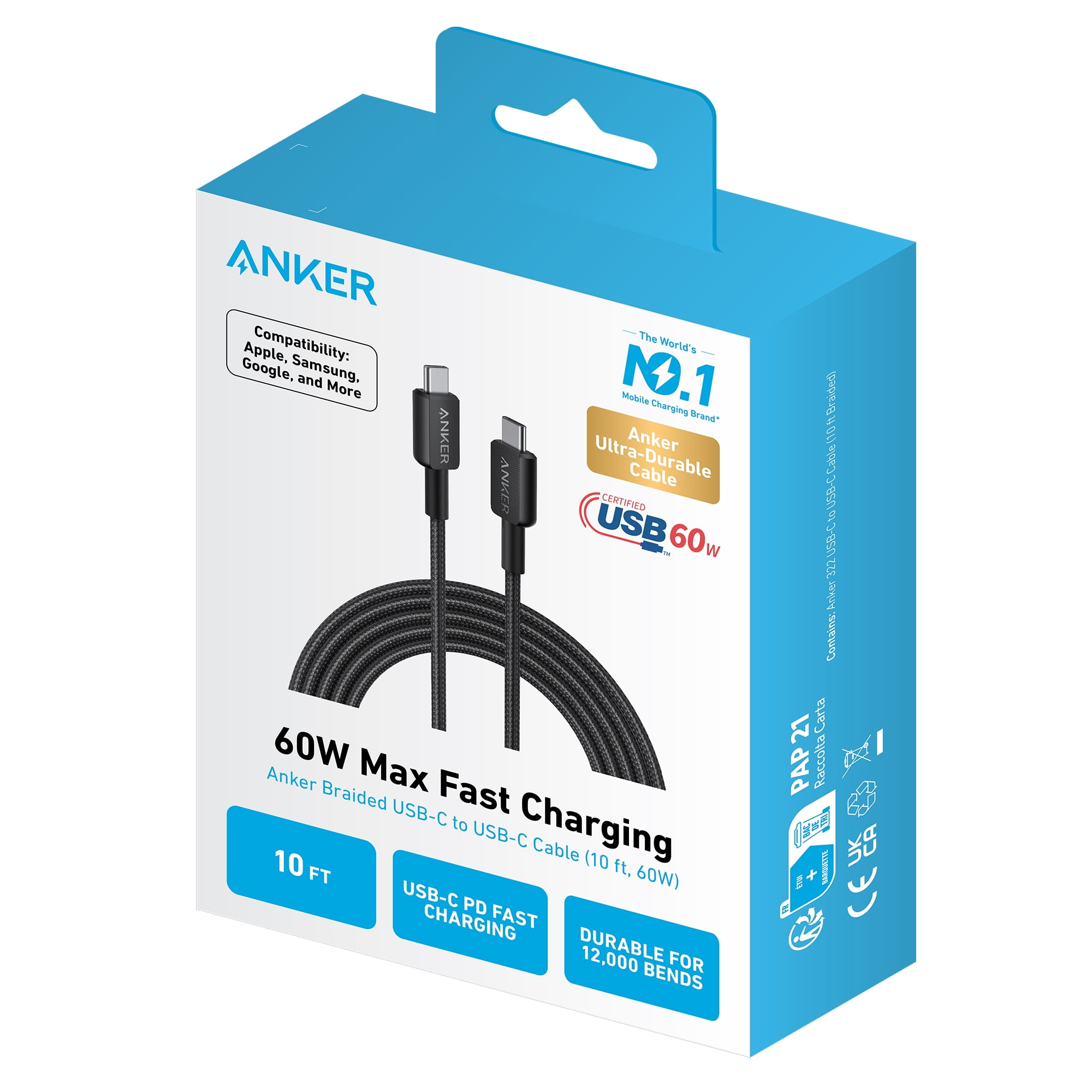 Anker Braided USB-C to USB-C Cable, 10 ft, 60W Fast Charging Cable