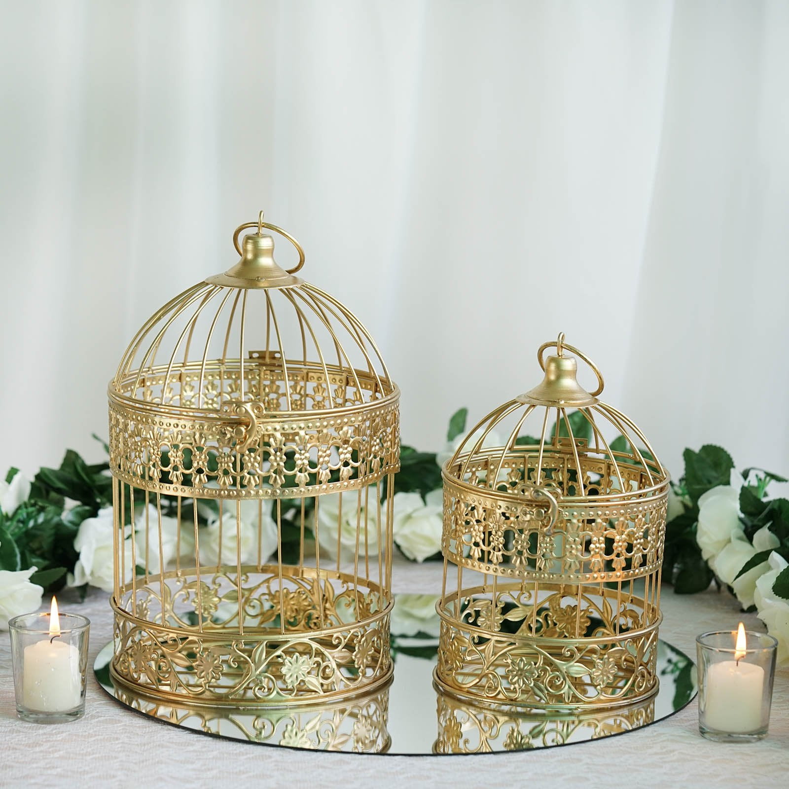 Set of 2 9" and 13" Metallic Gold Bird Cage Card Holders