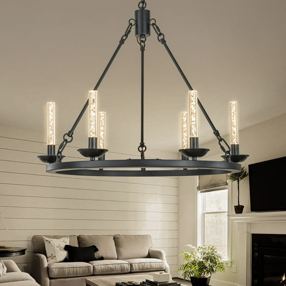 26'' 6-Light Transitional Black LED Chandelier With Unique Bubble Tube Round Modern Farmhouse Candle LED Pendant Lighting For Living Room and Dining Room