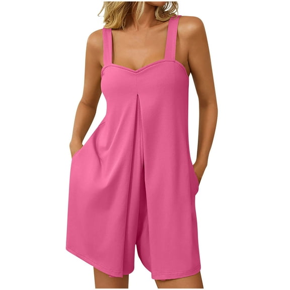 IROINNID Solid Color Jumpsuits for Women Summer Casual Short Jumpsuit Shorts Sleeveless Overalls Wide Leg Romper Shorts with Pockets(Hot Pink,XL)