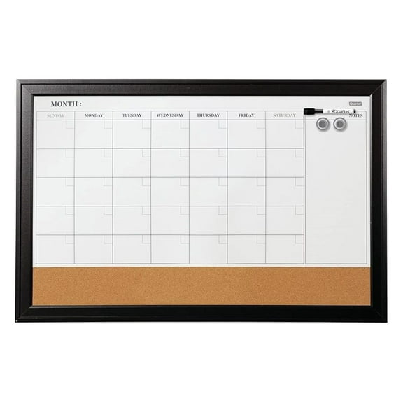 Magnetic Whiteboard Calendar & Corkboard, 23x35 Combo Board - Ebony Frame - Dry Erase & Cork Bulletin Board for Home & Small Office - 5-Week Undated Monthly Planner with Marker & Magnets