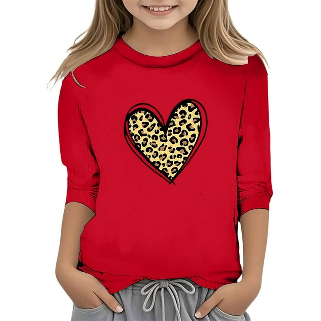 LUOGENLI T-Shirt pour Filles T-Shirt de la Saint-Valentin pour Filles Imprimé Mode Col Rond Fonctionnel Manches 3/4 T-Shirt Décontracté Haut Longues Chemises pour Filles Coton Rouge 7-8 Ans