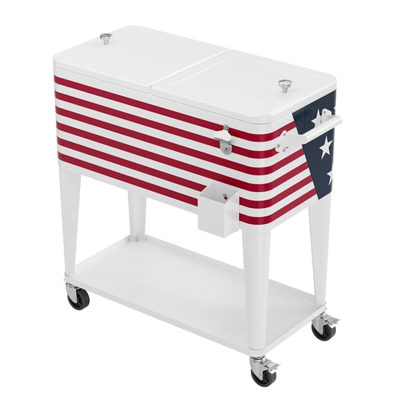 UBesGoo 80 Qt Rolling Ice Chest Cooler Cart Outdoor Trolley with Storage Shelf, Bottle Opener & Cap Collector for 48 Hour Cold Drinks, Small Stars