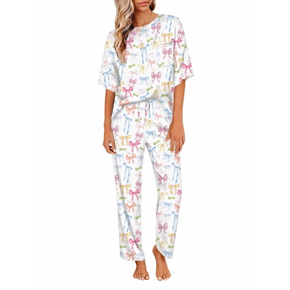 Ekouaer Womens Satin Silky Pajama Set Short Sleeve Shirt with Long Pajama Pant Set Soft PJ Loungewear