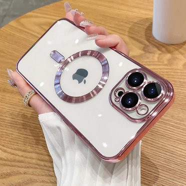 Magnetic Clear Case for iPhone 14 Pro Max with Full Camera Protection [Strong N52 Magnets][Compatible with MagSafe] Plating Nice Luxury Soft TPU Shockproof Phone Case for Women Men, Pink