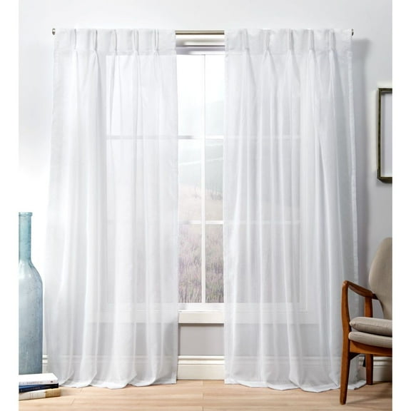 Exclusive Home Penny Sheer Embellished Stripe Grommet Top Curtain Panel Pair, 108" Length, Winter White