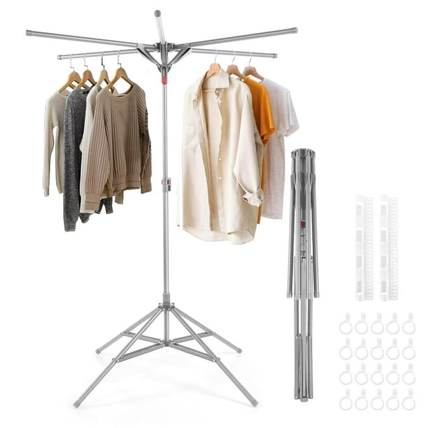 Tendedero Trípode, tendedero para Ropa, Secador de Ropa Portátil y Retráctil, Viene con 20 Ganchos y 2 Pinzas para Calcetines, para Balcón Dormitorio Lavandería Viaje (Gris)