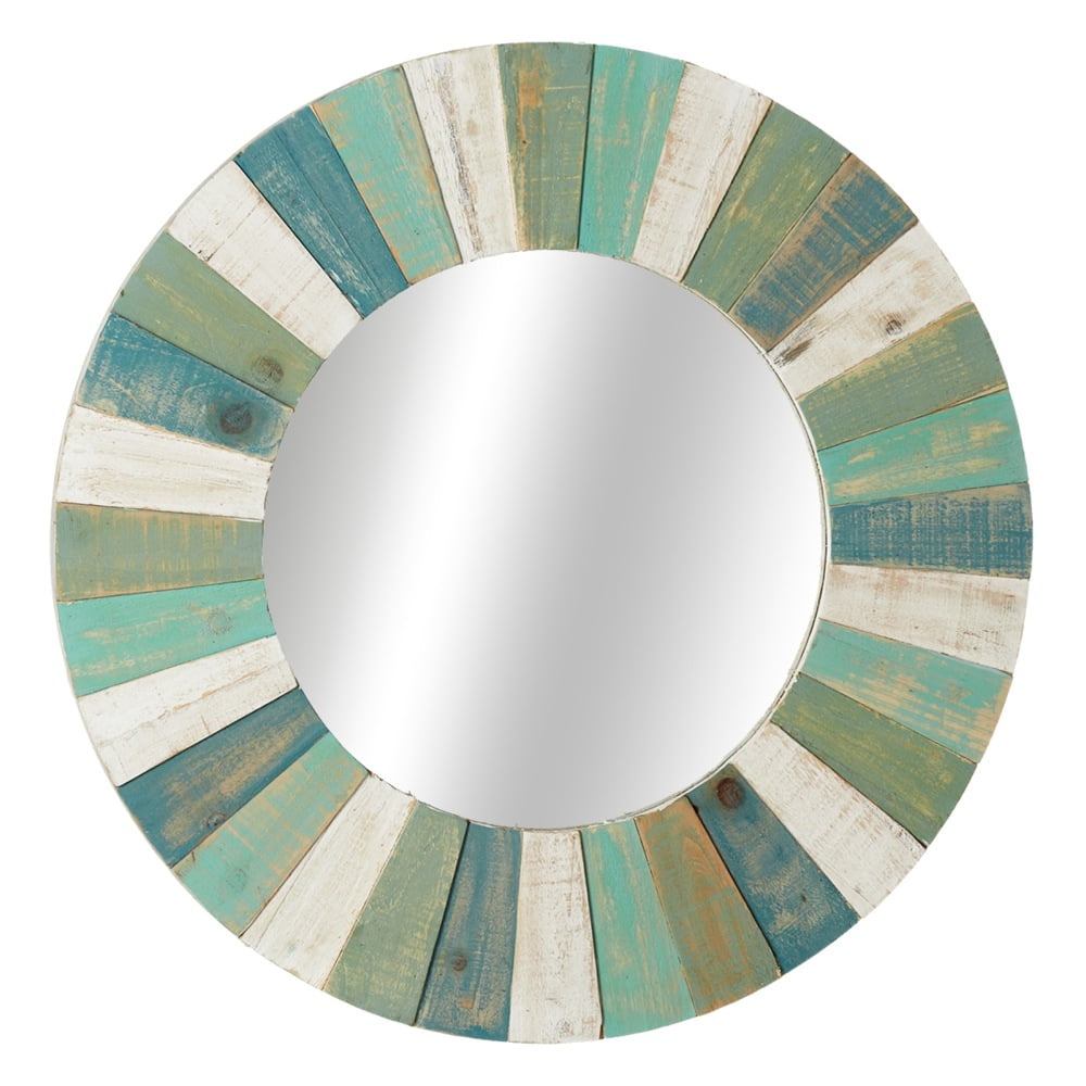 24” Blue and White Coastal Wooden Slatted Distressed Round Wall Mirror