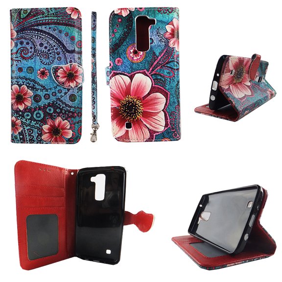 Pink Flower Green Paisley Wallet Folio Case for LG K7 Tribute 5 Fashion Flip PU Leather Cover Card Cash Slots & Stand
