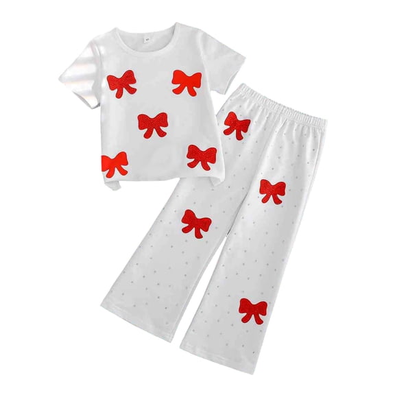 KyCheLot Girls Cute Matching Set Bow Crewneck Short Sleeve Tees Elastic Waist Trousers Activewear 4-9 Years