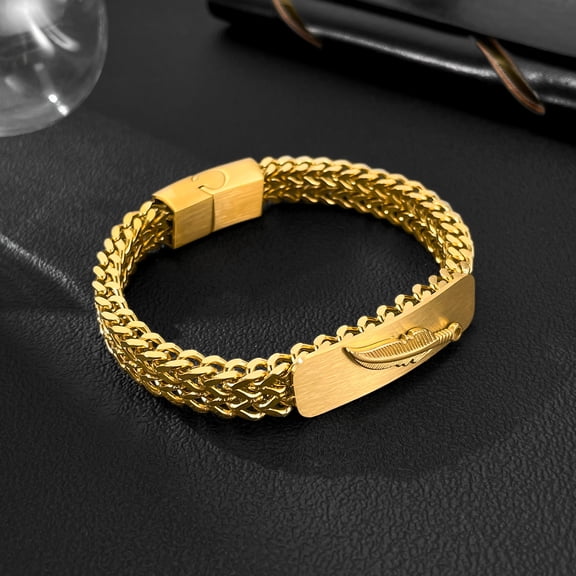 NICKSUN Feather Charm Bracelet for Men, Stainless Steel 18k Gold Plated Punk Cuban Link Bracelet, Gift for Husband Dad Grandpa Birthday