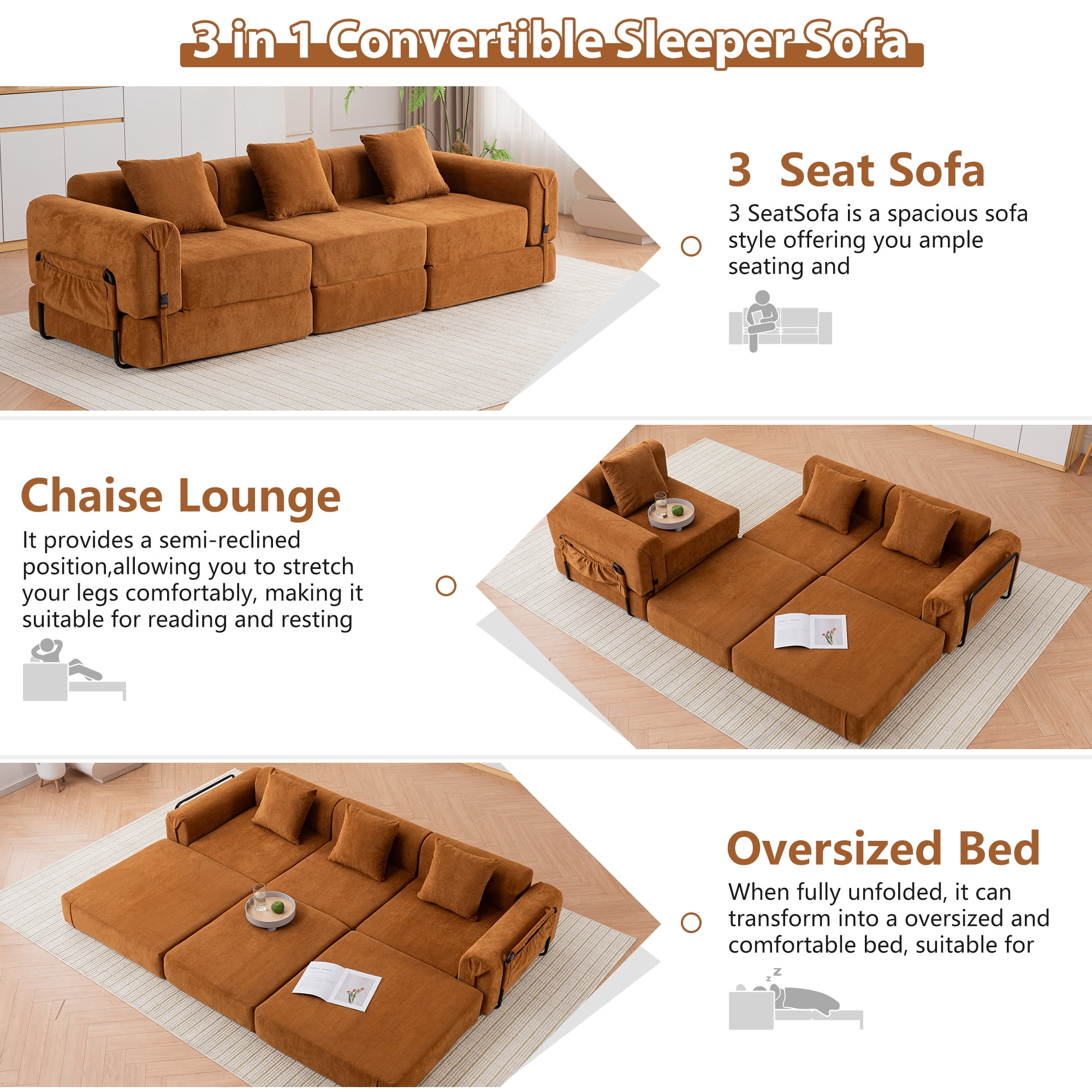 GNIXUU 98.81" Modern Modular Recliner Sofa, Convertible Sleeper Bed,Folding Mattress 3 Seater Couch with Fixed-Shape Frame ,Comfy Lazy Boneless Couches for Living Room Bedroom Lounge,Orange