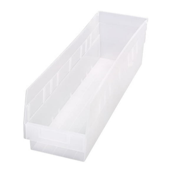 Economy Shelf Bin, nesting, 23-5/8W x 6-5/8D x 6H, (7) divider slots, rear hanglock, molded-in label holder, clear polyropylene, Made in USA