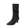 thumbnail image 4 of Rokment Slouchy Stiletto Wide Mid Calf Dress Boots for Women Fashion Casual Denim Leather Pointed Toe Kitten Heel Long Tall Boots Winter Spring Black Size 9, 4 of 5