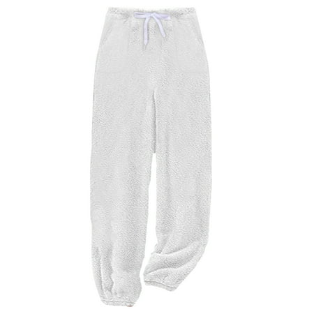 Mepaouo Womens Plush Warm Pajama Pants Fluffy Soft Fleece Sleep Pant Lounge Pj Bottoms(White M)