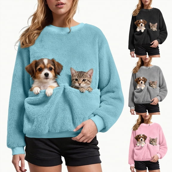 larppty Women Sweatshirt with Dog Pouch Winter Fleece Pullover Sweatshirts with Carrier Pocket Puppy Kitten Dogs Holder Tops (Sky Blue, XL)