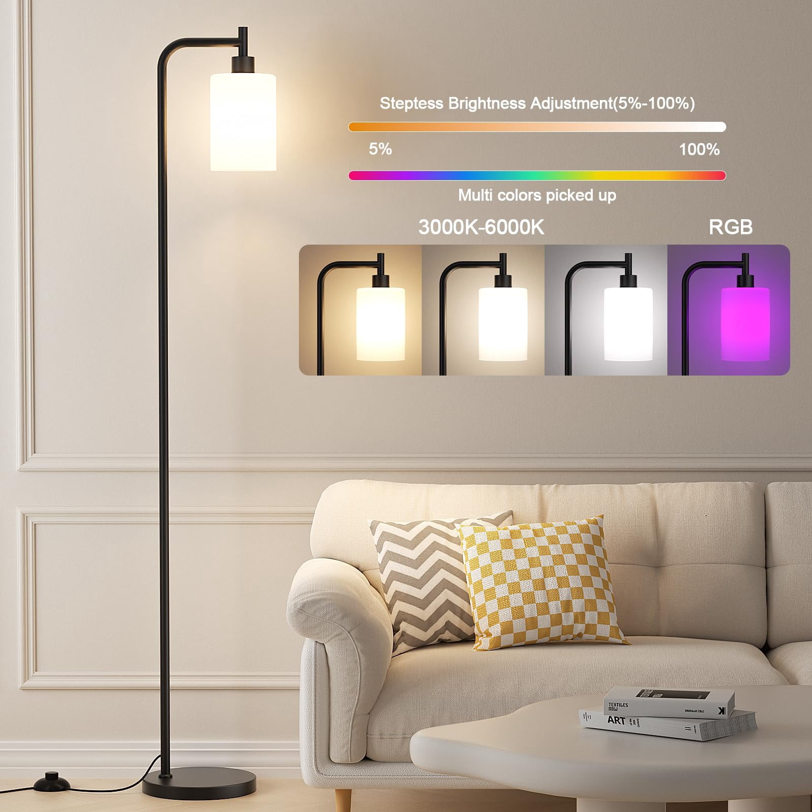 Rgb Floor Lamps For Living Room  Dimmable Industrial Standing Lamp With Remote Control Bedroom Office Corner 3 Colors Temperature White Glass Shade 9w Led Bulb