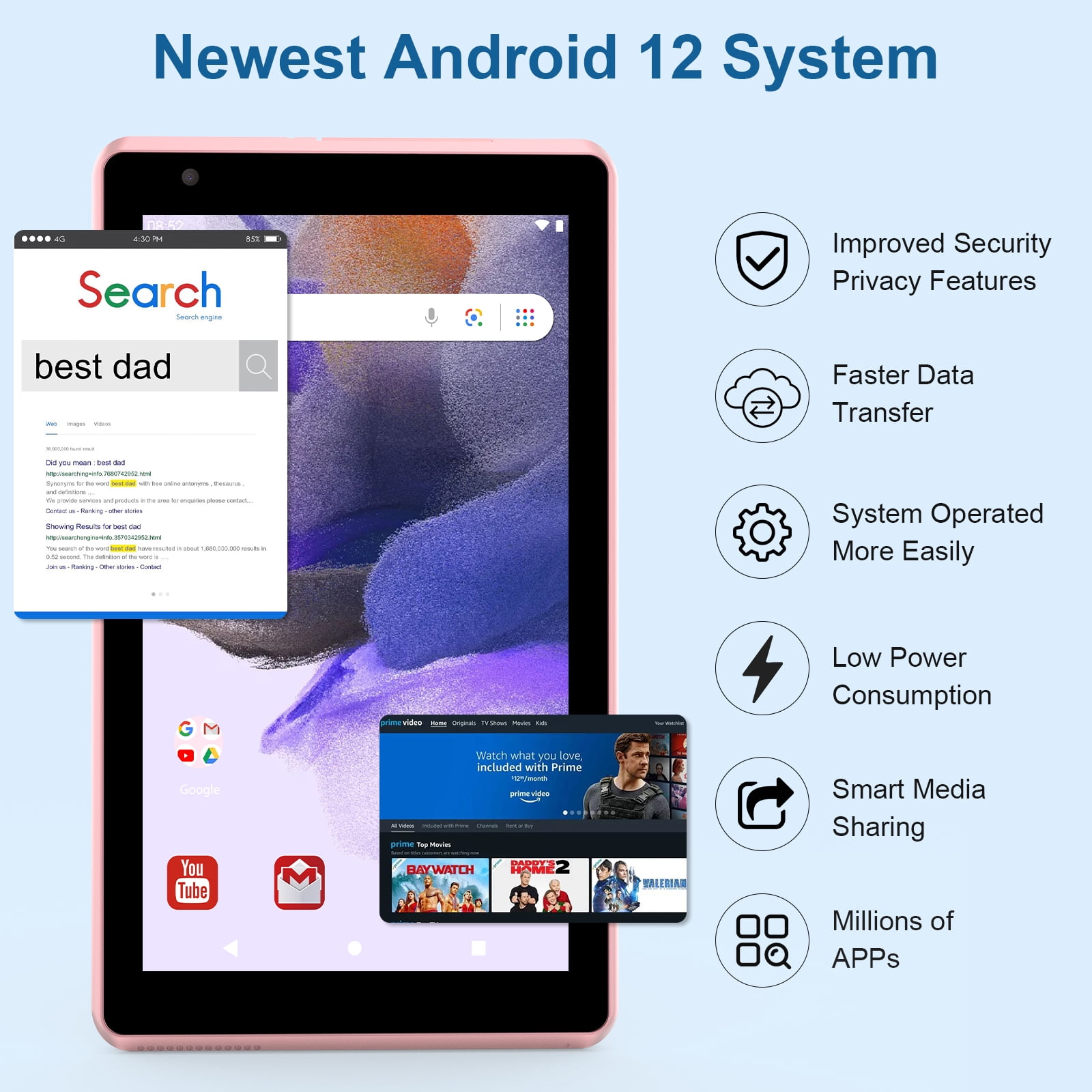 Tablet 7 inch Android 12.0 Tablet, 4GB+32GB ROM （1TB Expand）, Quad-Core, WiFi, GMS, Dual Camera, Educational, Games Pink