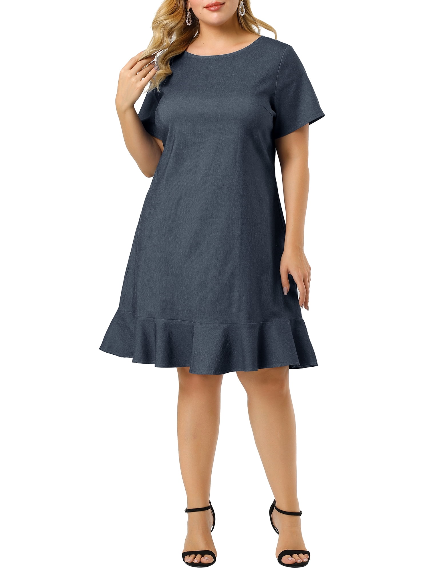 Unique Bargains Women's Plus Size Short Sleeve Ruffle Hem Denim Shirt Dress