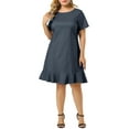 thumbnail image 2 of Unique Bargains Women's Plus Size Elegant Short Sleeve Ruffle Hem Denim Dress, 2 of 7