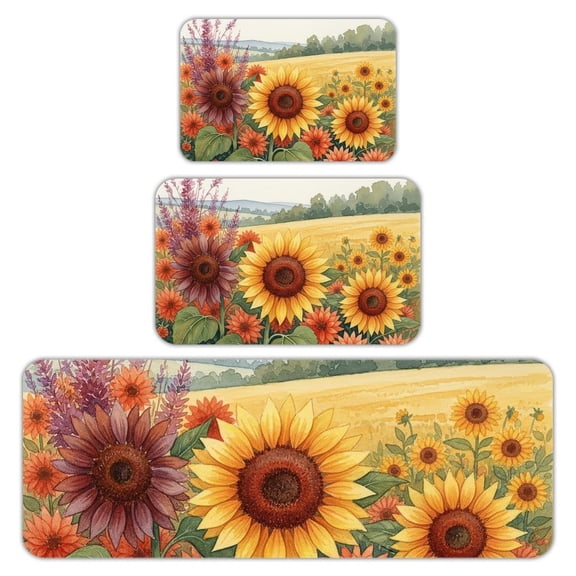 RKSupls Kitchen Rug Set 3 Piece Anti-Slip Flannel Floor Mats, Farmhouse Sunflower Washable Absorbent Runner Mats for Kitchen Bathroom Home Decor