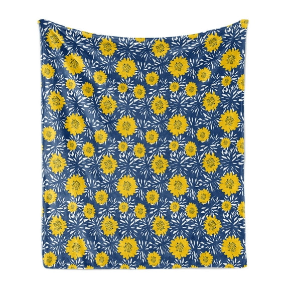 Flower Soft Flannel Fleece Throw Blanket, Vibrant Lily Blossom Paintbrush Bouquet Flourishing Botanical Pattern, Cozy Plush for Indoor and Outdoor Use, 50" x 70", Dark Blue Yellow White, by Ambesonne