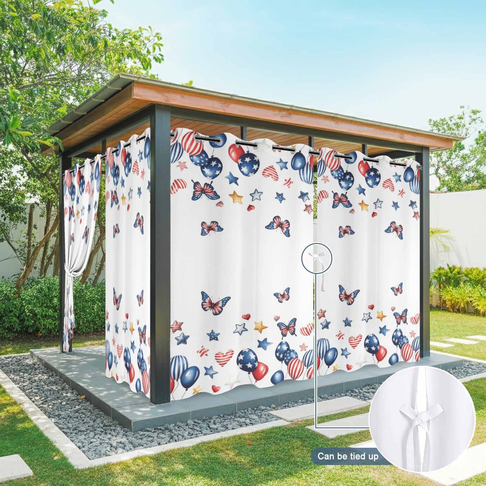 Independence Day Outdoor Curtains for Patio, Butterflies Star Flags Blue Balloons Striped Sunshade Privacy Drapes Grommet Waterproof Outside Curtains for Porch/Cabana/Balcony 54"x 108", 1 Panel