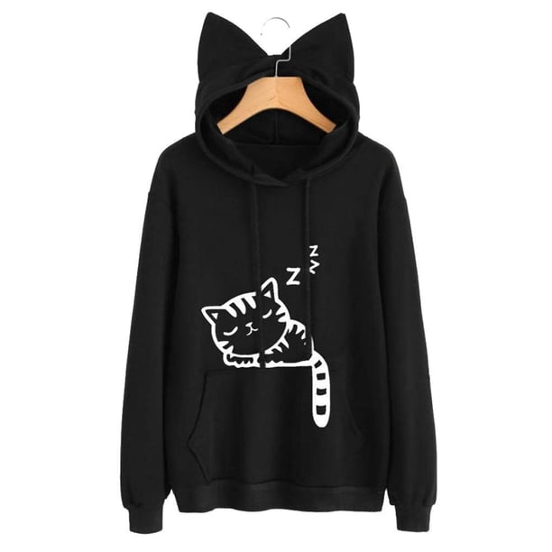 Minnieouse Loose Fit Cartoon Cat Print Mujer con capucha Print Mujer Camisa Manga larga Cuello Sudadera con capucha Prendas para la parte del cuerpo Negro METRO Minnieouse FS9881-07