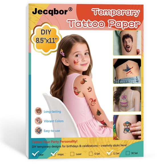 Papel de Tatuajes Temporales Jecqbor Juego de 12 Hojas 8.5x11" para Impresora INKJET DIY