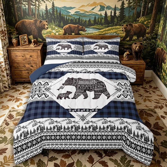 Castle Fairy Animal Bear Full Size Comforter Sets 3-Piece,Bohemian Aztec Wildlife Bedding Comforter Set,Navy Black,Navy Blue Reversible,1 Comforter and 2 Pillowcases