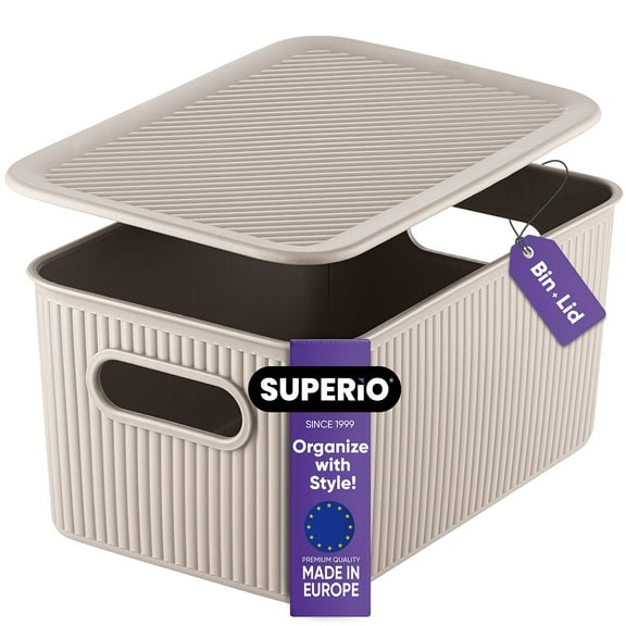 Superio 5L Small Taupe Ribbed Storage Bin with Lid, Plastic Storage Basket