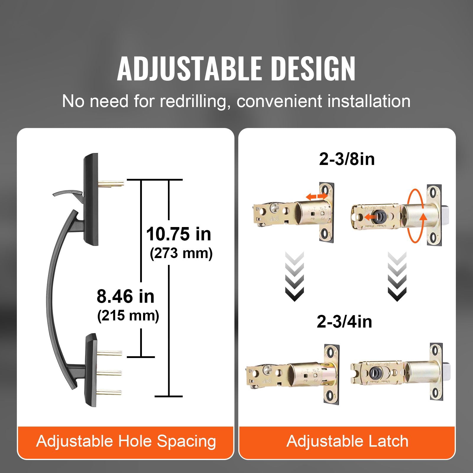 Adjustable Double Door Handle Set with Arched Design, Zinc Alloy Die-Cast, Reversible, 1-3/8 to 1-3/4" Door Thickness