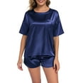 thumbnail image 7 of BEOEOSY Womens Silk Satin Pajama Sets Pocket Short Sleeve O Neck Women Sleepwear Set,Navy Blue, L, 7 of 7