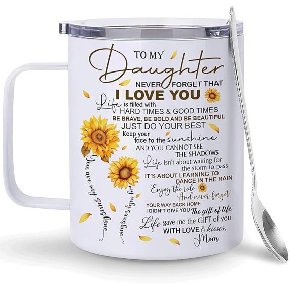 Mother's Day Birthday Gifts for Daughter from Mom, 12oz Insulated Stainless Steel Mug With Lid & Spoon, Sunflower Daughter-in-law Gifts From Mom for Women Coffee Tea Cup Present Keepsake