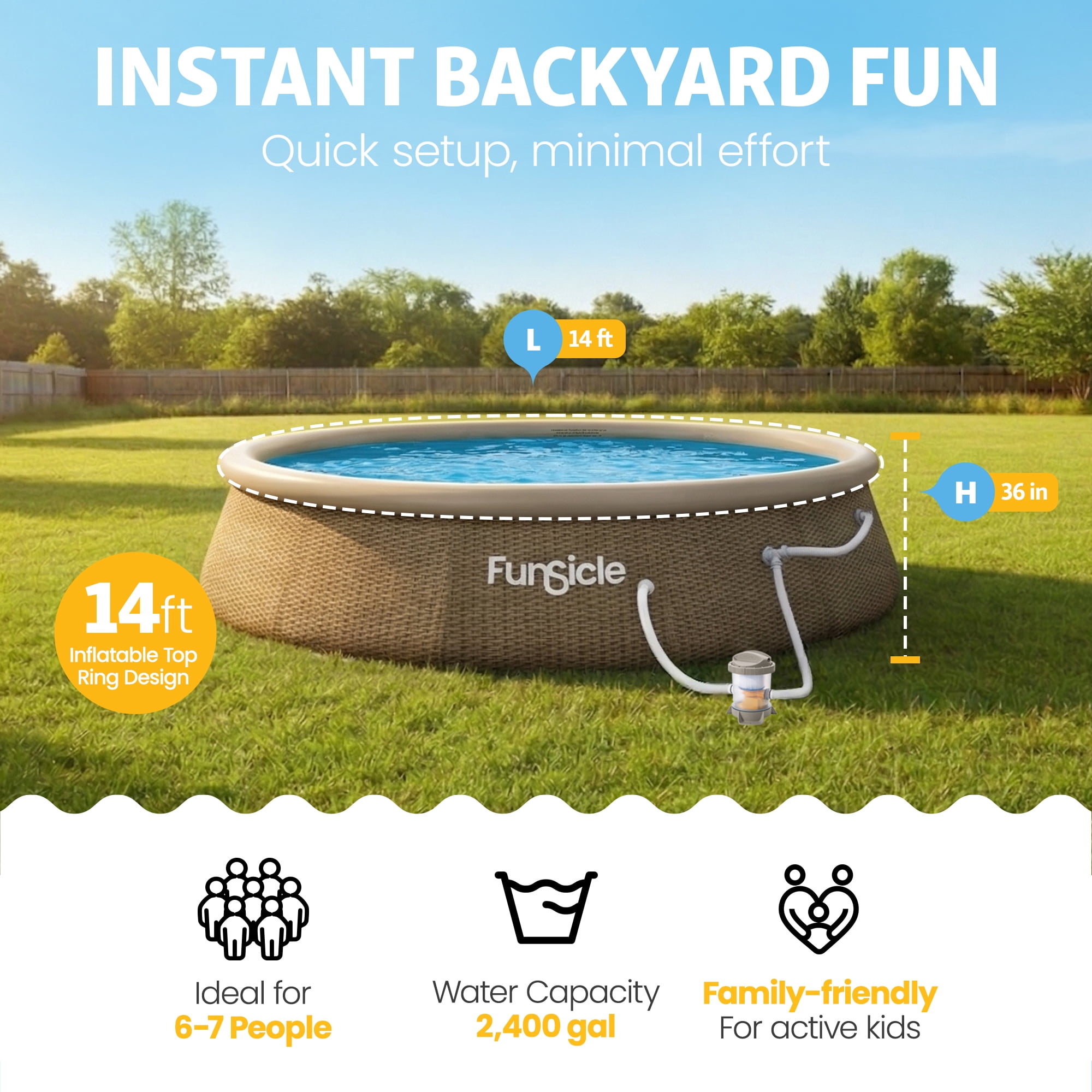 Funsicle 14' x 36" QuickSet Inflatable Ring Top Outdoor Above Ground Pool with Pump