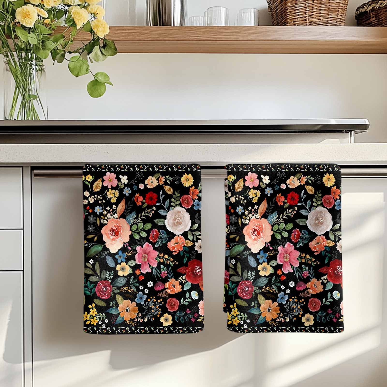Dish Towels, Black Floral Absorbent Kitchen Towels 2 PCS, Farmhouse Vintage Flower Microfiber Hand Towels Dish Cloths Tea Towels for Home&nbsp;Bathroom Cleaning Drying,18X28-Inch,