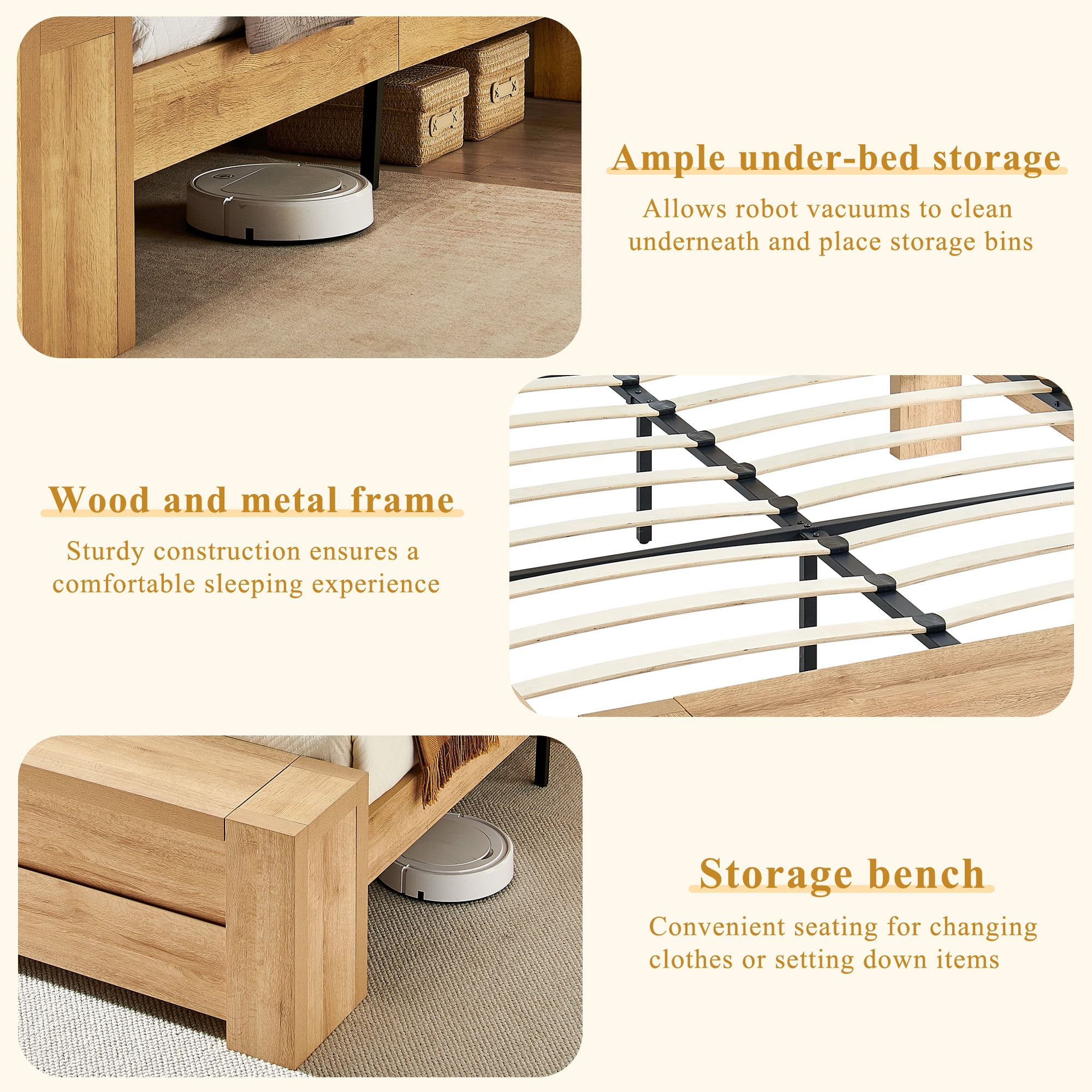 KeyWhat Modern Queen Size Storage Bed Frame with Panel Headboard, Footboard Storage Bench, Built-In Drawers, Lift-Up Compartments, No Box Spring Needed, Natural Oak