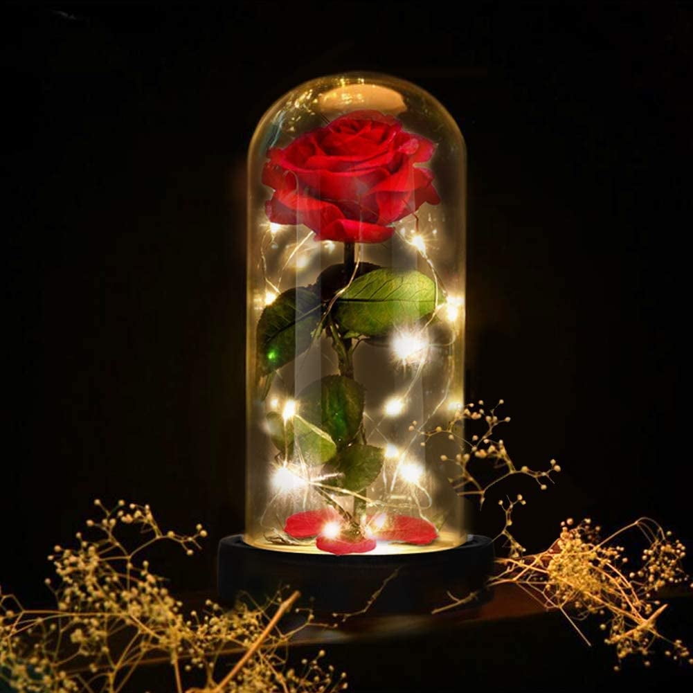 Rose Elegant Crystal Dome with Pine Base LED Lights Beauty and Magic Gifts Decoration for Valentines Day Anniversary Weddings Energy Efficiency Class A Beauty and The Beast Enchanted Rose Kit