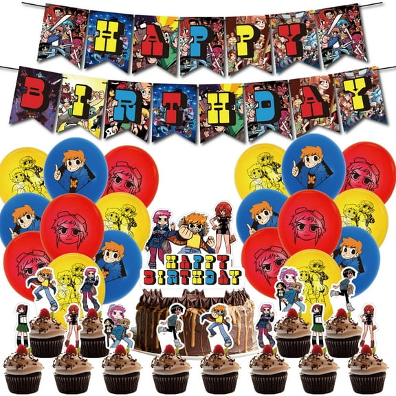 32 Pcs For Scott Pilgrim Theme Birthday Party Decorations,With 13 Cupcake Toppers,1 Happy Birthday Banner Garland,18 Balloons for Party Decorations