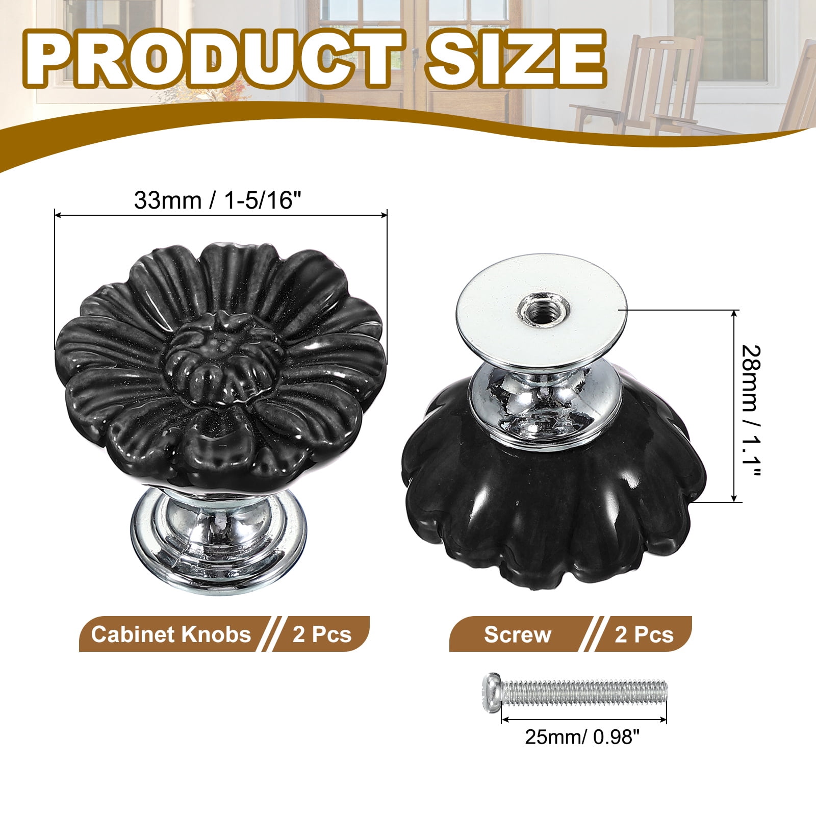 Uxcell Vintage Floral Cabinet Knobs Ceramic Round Drawer Knobs Dresser Knobs Door Hardware Pull Handles Black 2