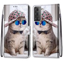 For Samsung Galaxy S21 Plus Case, Mantto Magnetic PU Leather Phone Case With Hand Rope Strap Cute Pattern Painted Flip Credit/ ID Card Wallet Slots Stand, Hat&Cat