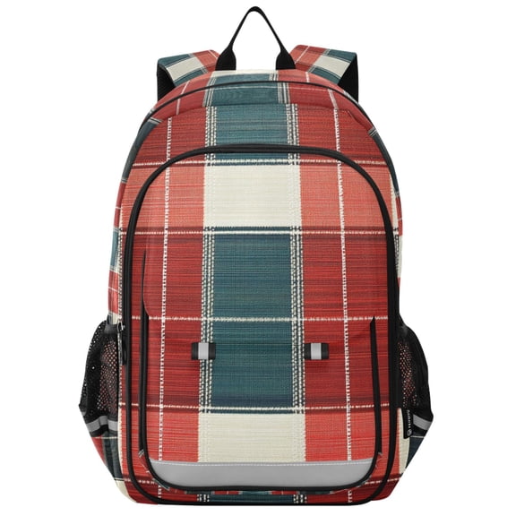 FORMRS School Backpack 17" Student Travel Bag with Laptop Compartment, Vibrant Red Tartan Pattern