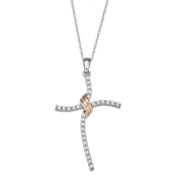1/5 CTTW Two-Tone Diamond Cross Pendant Necklace in 10K Gold, Genuine Diamond Religious Jewelry for Women with Chain