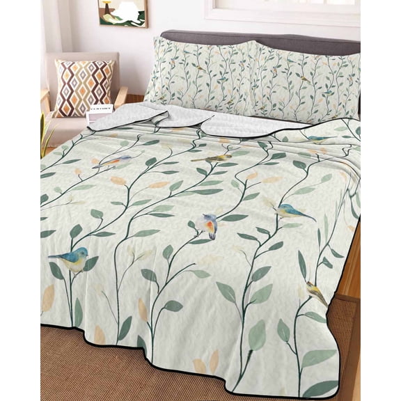Green Botanical Queen Size Down Alternative Comforter, Lightweight Comforter Quilt Bedding Set with Pillow Shams Spring Summer Birds Watercolor All Seasons Bed Comforter Duvet Insert 90"x96"