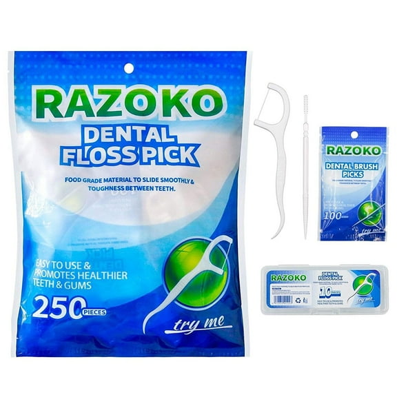 RAZOKO Dental Floss Picks Toothpicks 250pcs with Portable Cases and 100pcs BrushPicks Interdental Toothpicks