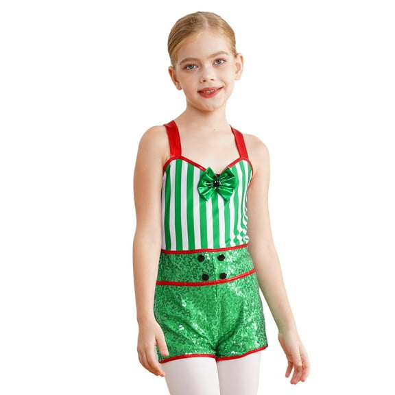 Miutii Christmas Leotards for Girls Santa Elf Clothes Ballet Dance Outfits Gymnastics Striped Sequins Biketards Green 16