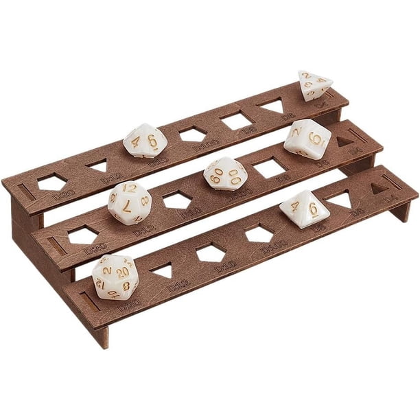Soporte de madera para dados - Estante de exhibición de 3 niveles, color marrón coco, capacidad para 21 dados poliédricos de colección para el juego Dungeons & Dragons.