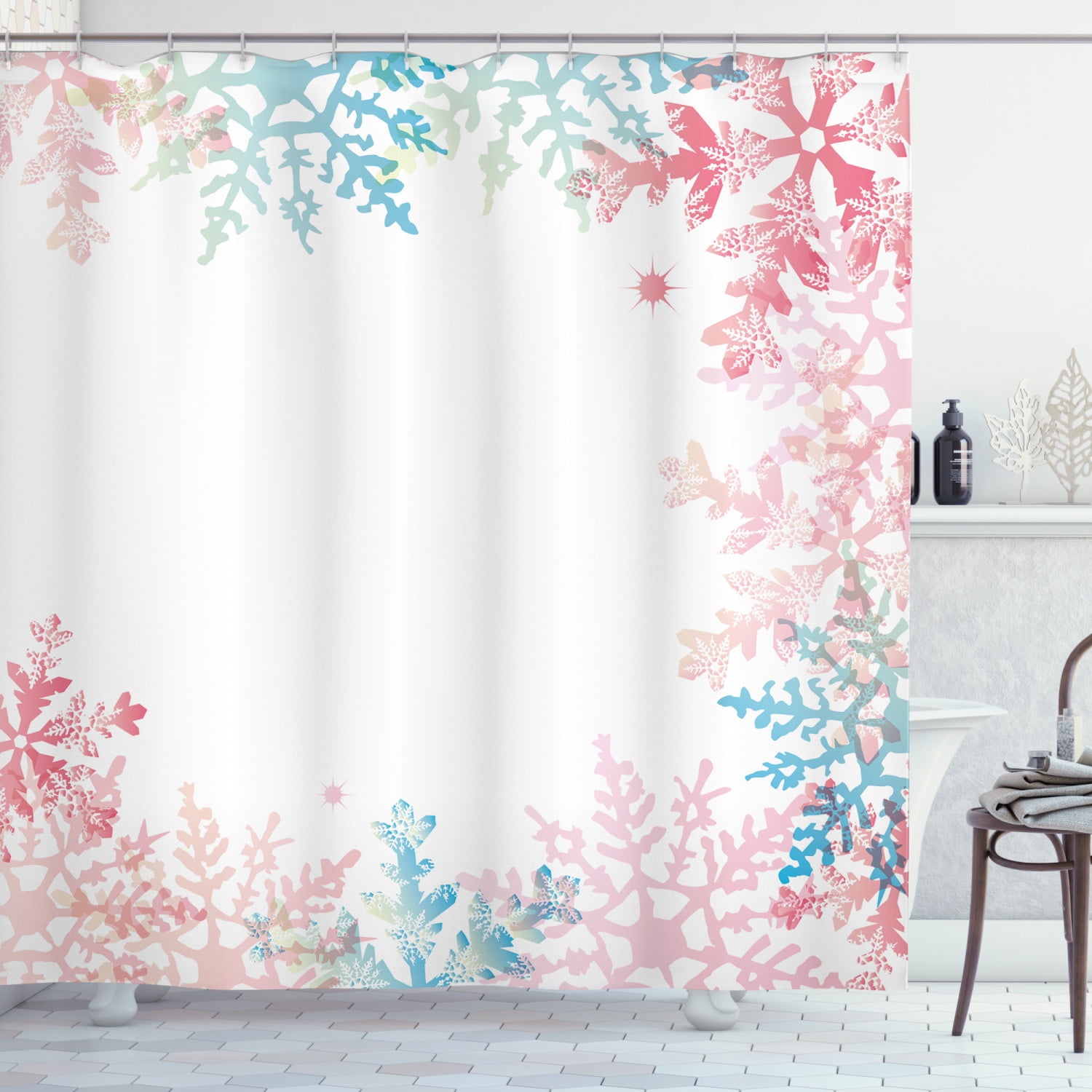 Winter Shower Curtain Abstract, Snowflake Fabric Shower Curtain
