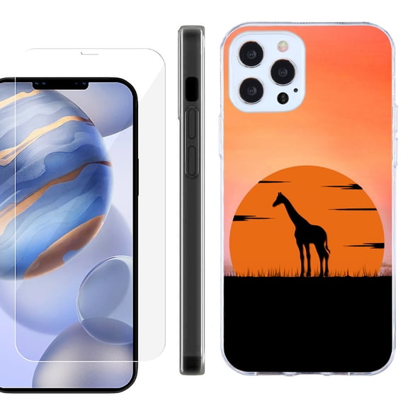 Slim Fit Protective Phone Case for Apple iPhone 12 / iPhone 12 Pro, with Tempered Glass Screen Protector, by OneToughShield ® - Sunset Giraffe